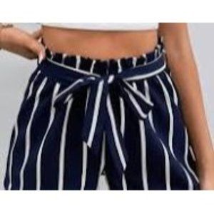 Shein Womens Striped Paperbag Shorts Curve Tie Waist High Rise Blue White SZ 3XL